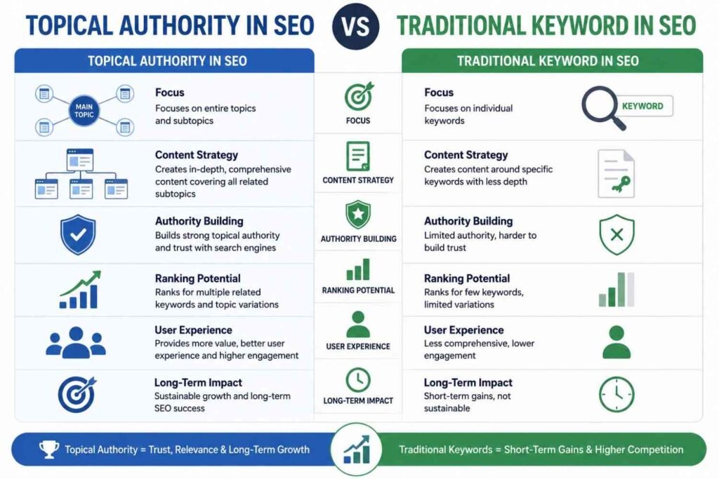 Topical Authority In SEO vs Traditional Keyword In SEO comparison infographic showing differences in content strategy, authority building, ranking potential, user experience, and long-term organic growth.